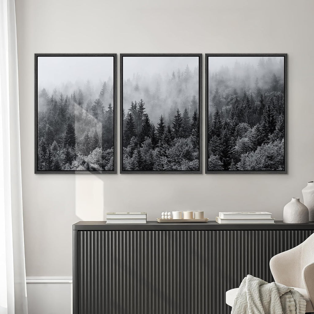 SIGNWIN Framed Canvas Print Wall Art Set Black & White Misty Mountain Forest Nature Wilderness Photography Modern Art Chic Landscape Relax/Calm for Living Room, Bedroom, Office - 24'x36'x3 Black