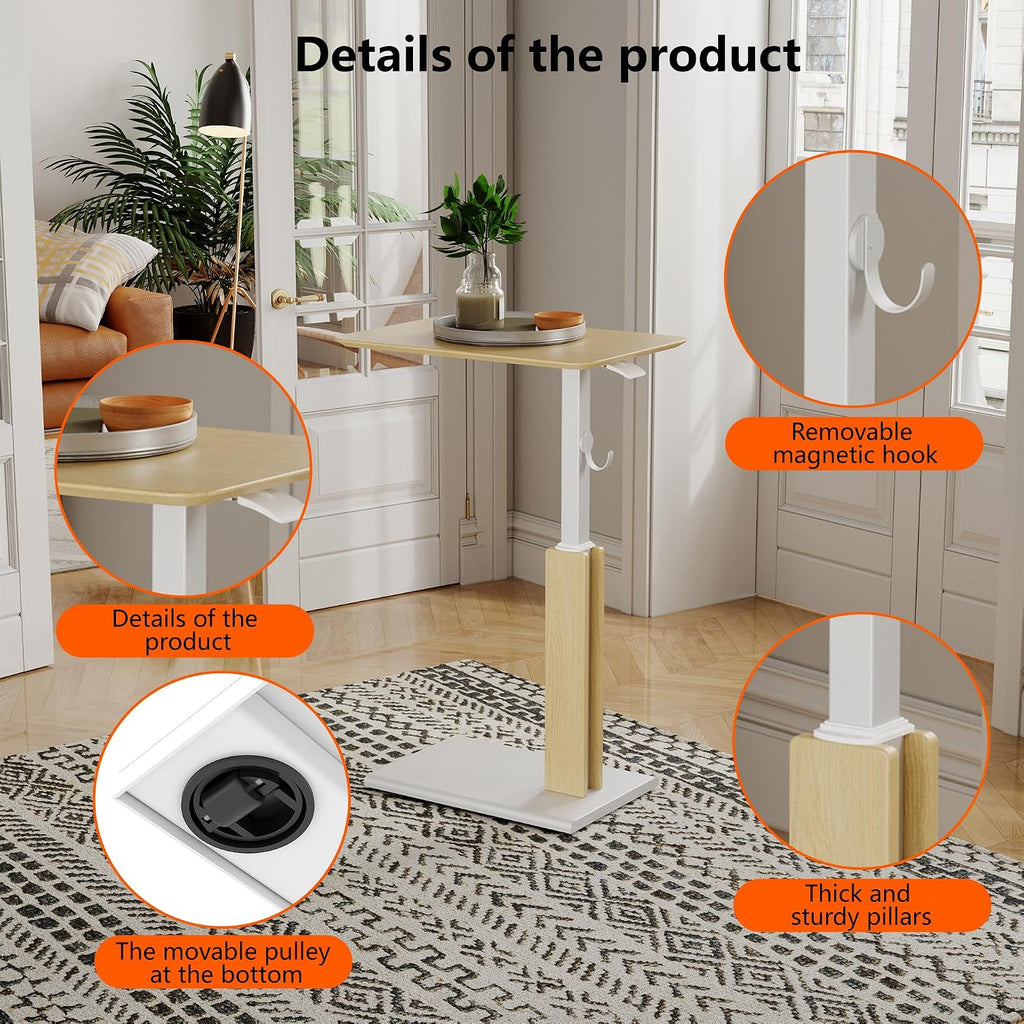 ETHU Overbed Table with Pneumatic Lift, 26.4-39.8 Inch Height Adjustable Bed Table with Magnetic Hook, Ultra-Thin Base Mobile Desk for Hospital, Home Office and Sofa Use, 44 LBS Capacity, Oak