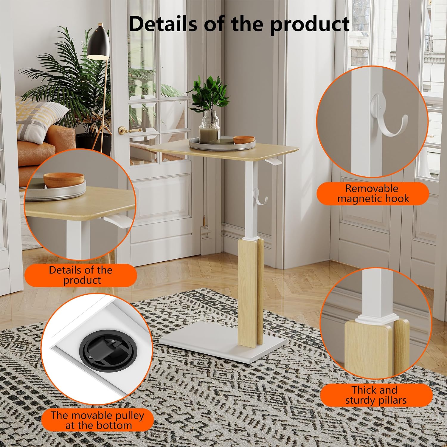 ETHU Overbed Table with Pneumatic Lift, 26.4-39.8 Inch Height Adjustable Bed Table with Magnetic Hook, Ultra-Thin Base Mobile Desk for Hospital, Home Office and Sofa Use, 44 LBS Capacity, Oak
