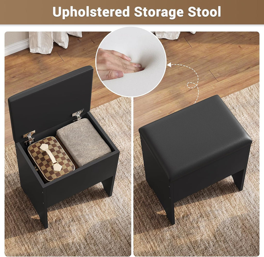 BTHFST Corner Vanity Desk with Lighted Mirror, Makeup Vanity with Lights and Charging Station, Vanity Set with Mirror and Storage Stool, Makeup Table with Drawers, Rotating Shelves, Black