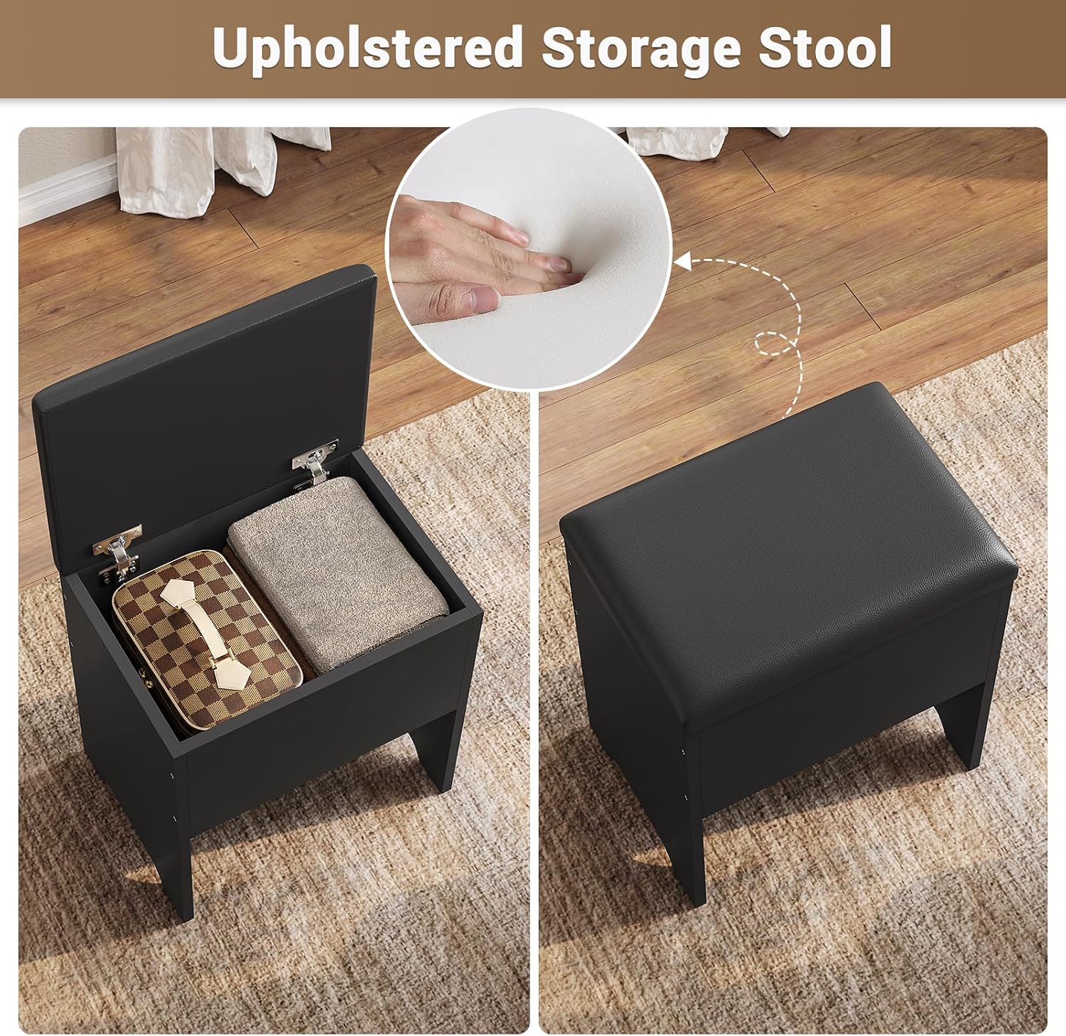 BTHFST Corner Vanity Desk with Lighted Mirror, Makeup Vanity with Lights and Charging Station, Vanity Set with Mirror and Storage Stool, Makeup Table with Drawers, Rotating Shelves, Black
