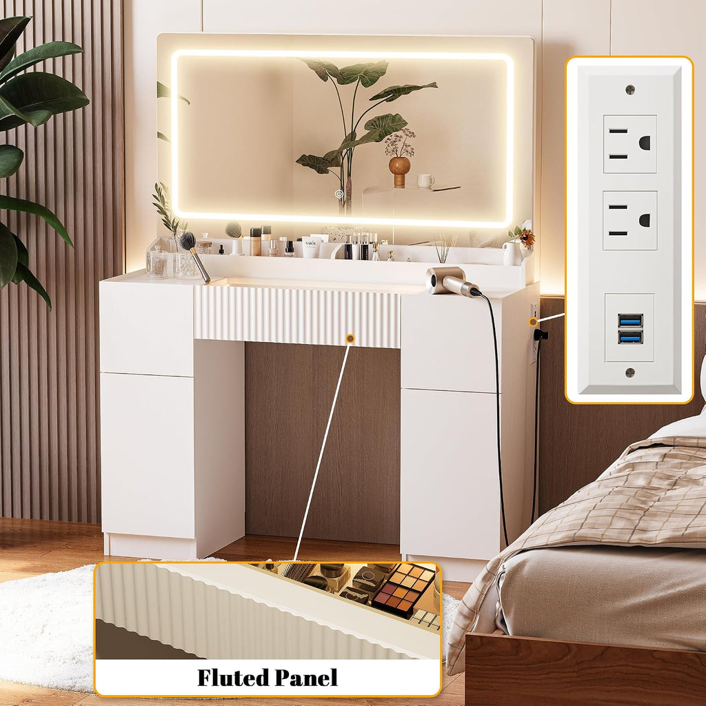 INNOD Vanity Desk with Large Mirror and Lights, Modern Glass Top Makeup Vanity Set with Power Outlet, 3 Drawers and 2 Cabinet, 3 Lighting Color Adjustable Dressing Table for Bedroom,Pure White