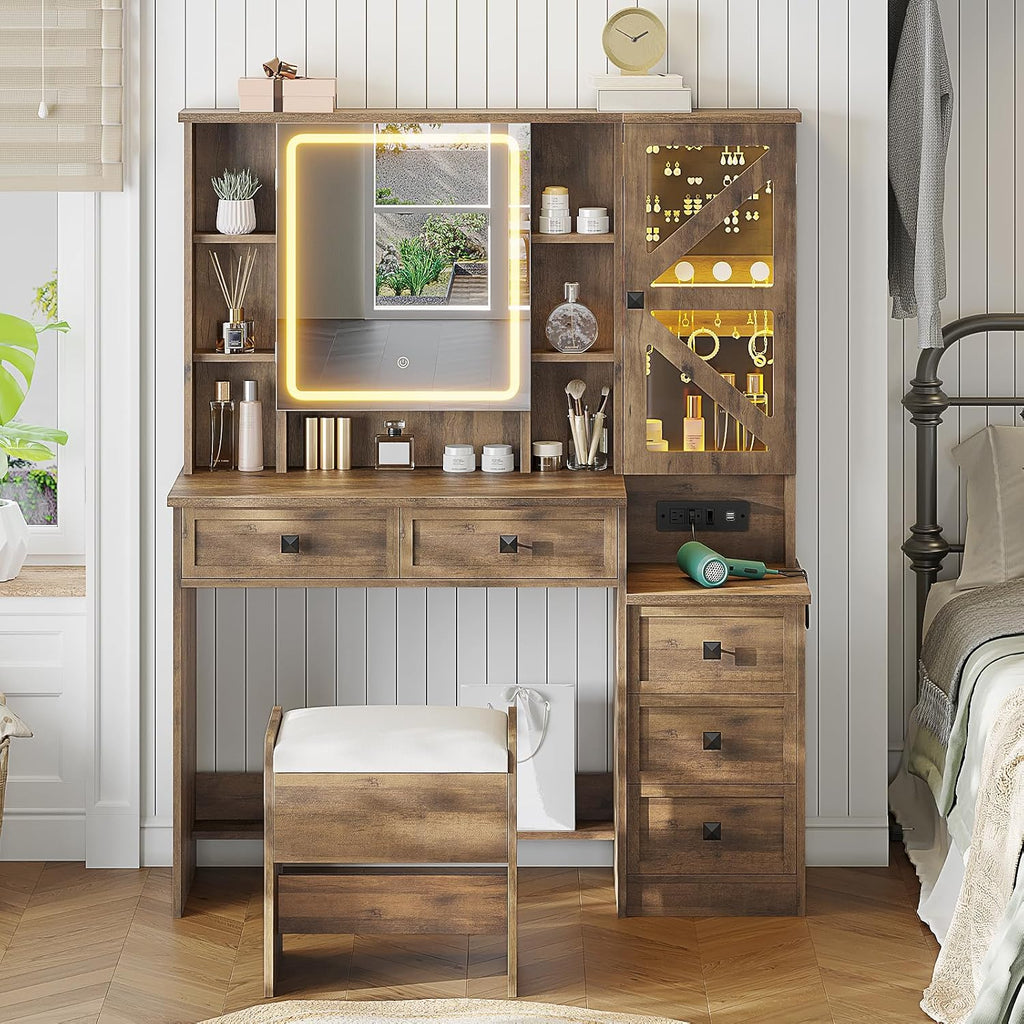AOGLLATI Farmhouse Vanity Desk with Mirror and Lights, Makeup Vanity Set with Lights & Jewelry Cabinet & 5 Drawers, Vanity Table with Charging Station, Hidden Storage Space for Bedroom, Brown