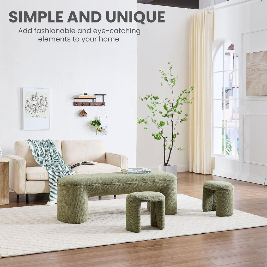 3-Piece Nesting Ottoman Bench Set，53' Long Upholstered End of Bed Bench with 2 15' Foot Stools Chenille Modern Arched Bench Comfy Entry Bench Vanity Stools for Living Room Bedroom, Green