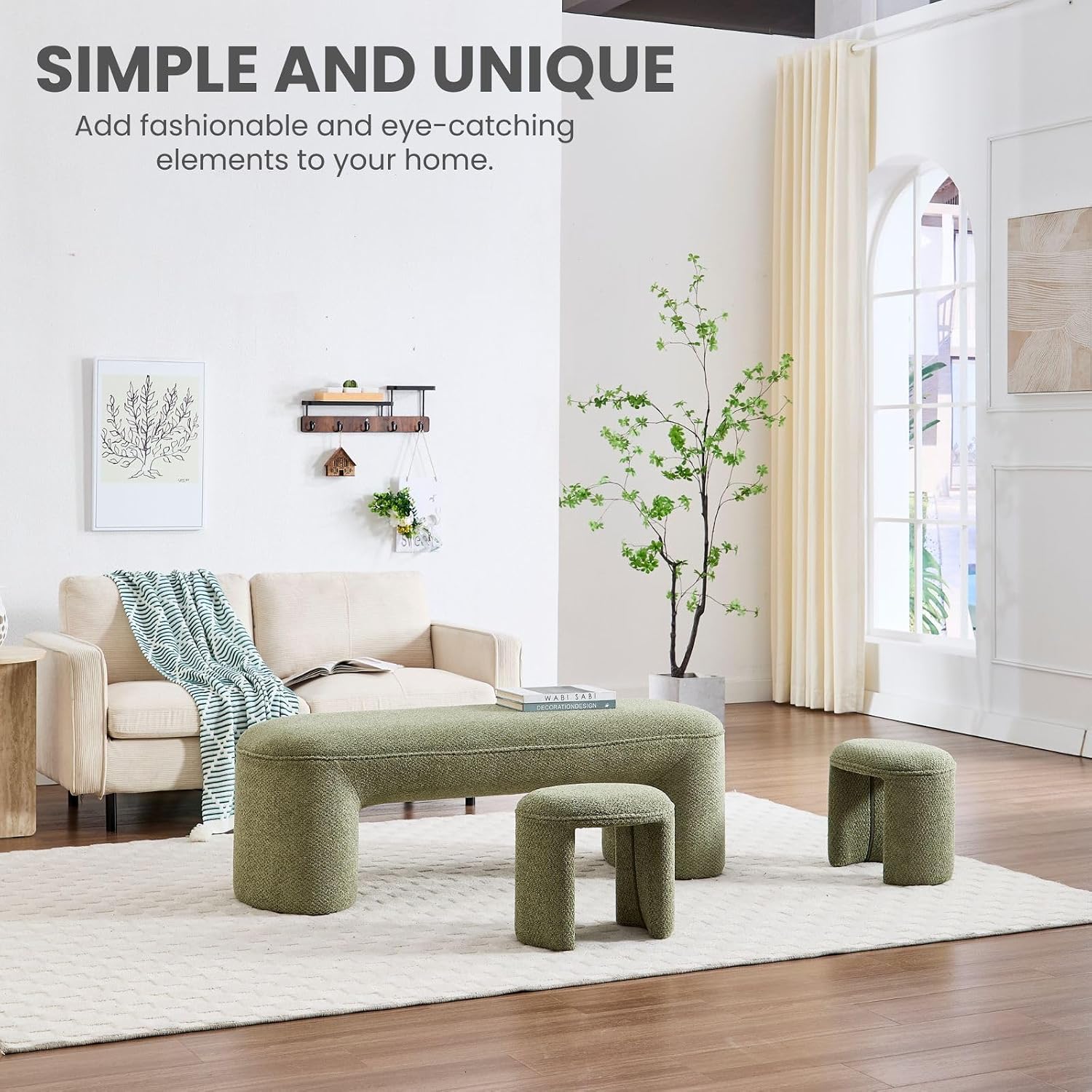 3-Piece Nesting Ottoman Bench Set，53' Long Upholstered End of Bed Bench with 2 15' Foot Stools Chenille Modern Arched Bench Comfy Entry Bench Vanity Stools for Living Room Bedroom, Green
