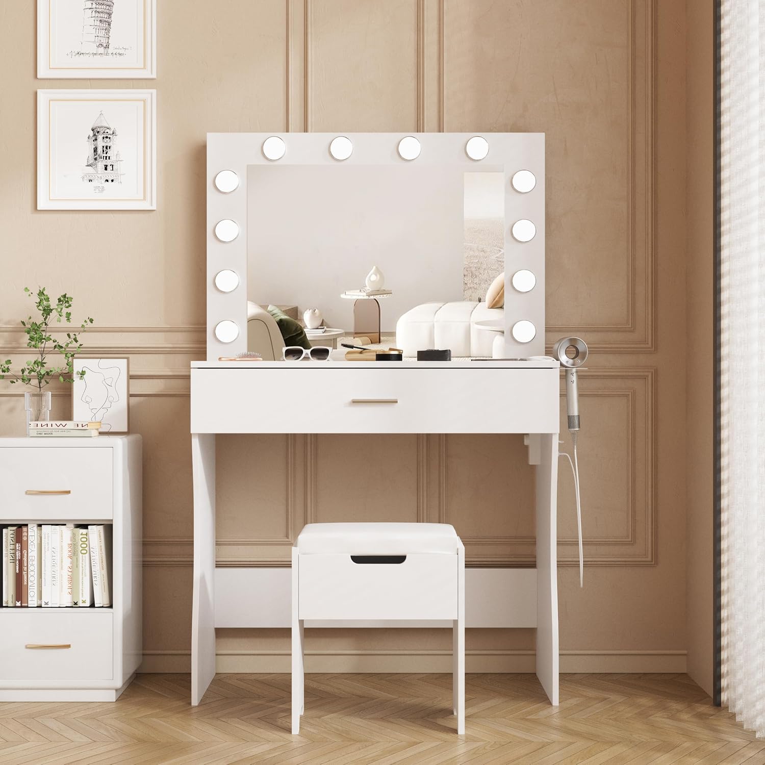 Halitaa Vanity Desk with Lights, Makeup Vanity Desk with Lighted Mirror and Charging Station, ，3 Lighting Modes Adjustable Brightness,Makeup Vanity Set with Cushioned Chair