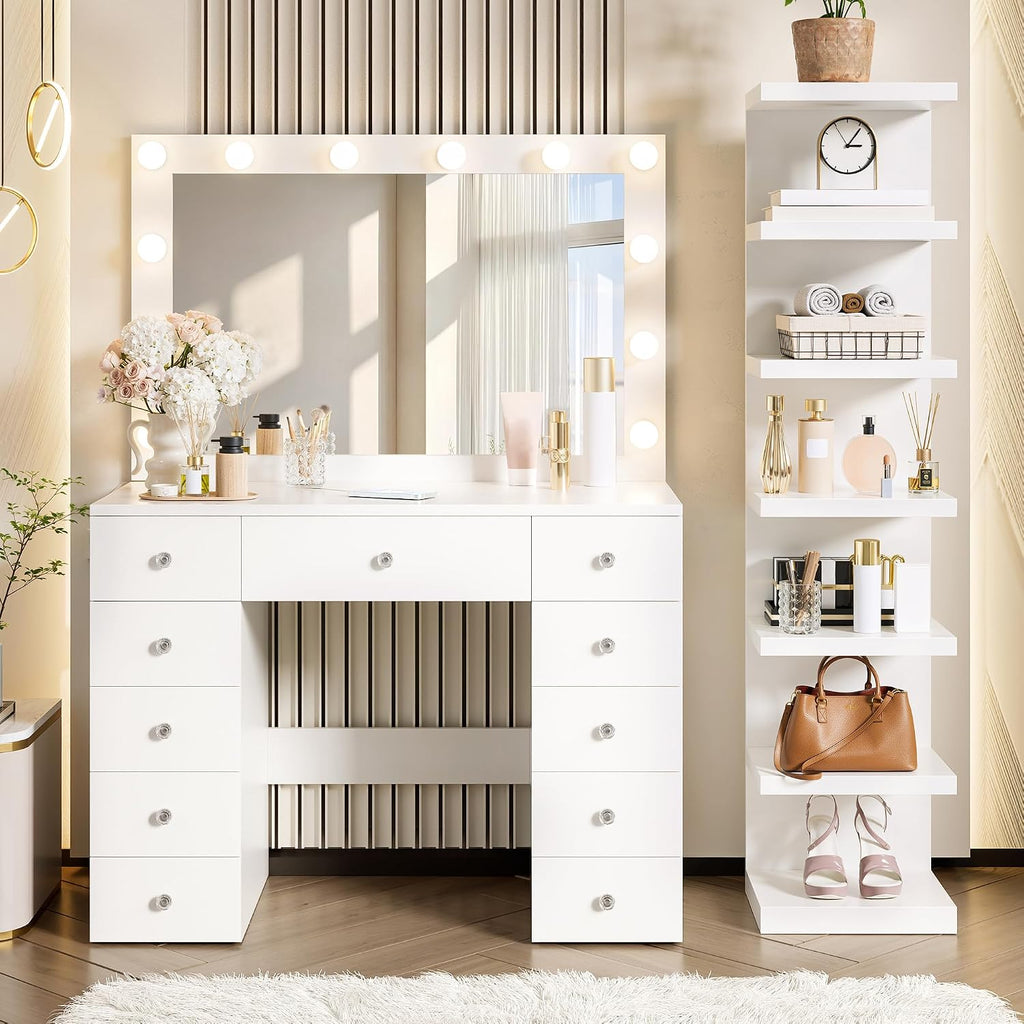 Merax 43.3' L Makeup Vanity with Mirror and Light, Extra 7-Tier Storage Shelves, White Vanity Desk Dressing Table with Power Outlet and 11 Drawers, 3 Color Light Modes for Bedroom or Dressing Room
