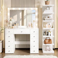 Merax 43.3' L Makeup Vanity with Mirror and Light, Extra 7-Tier Storage Shelves, White Vanity Desk Dressing Table with Power Outlet and 11 Drawers, 3 Color Light Modes for Bedroom or Dressing Room