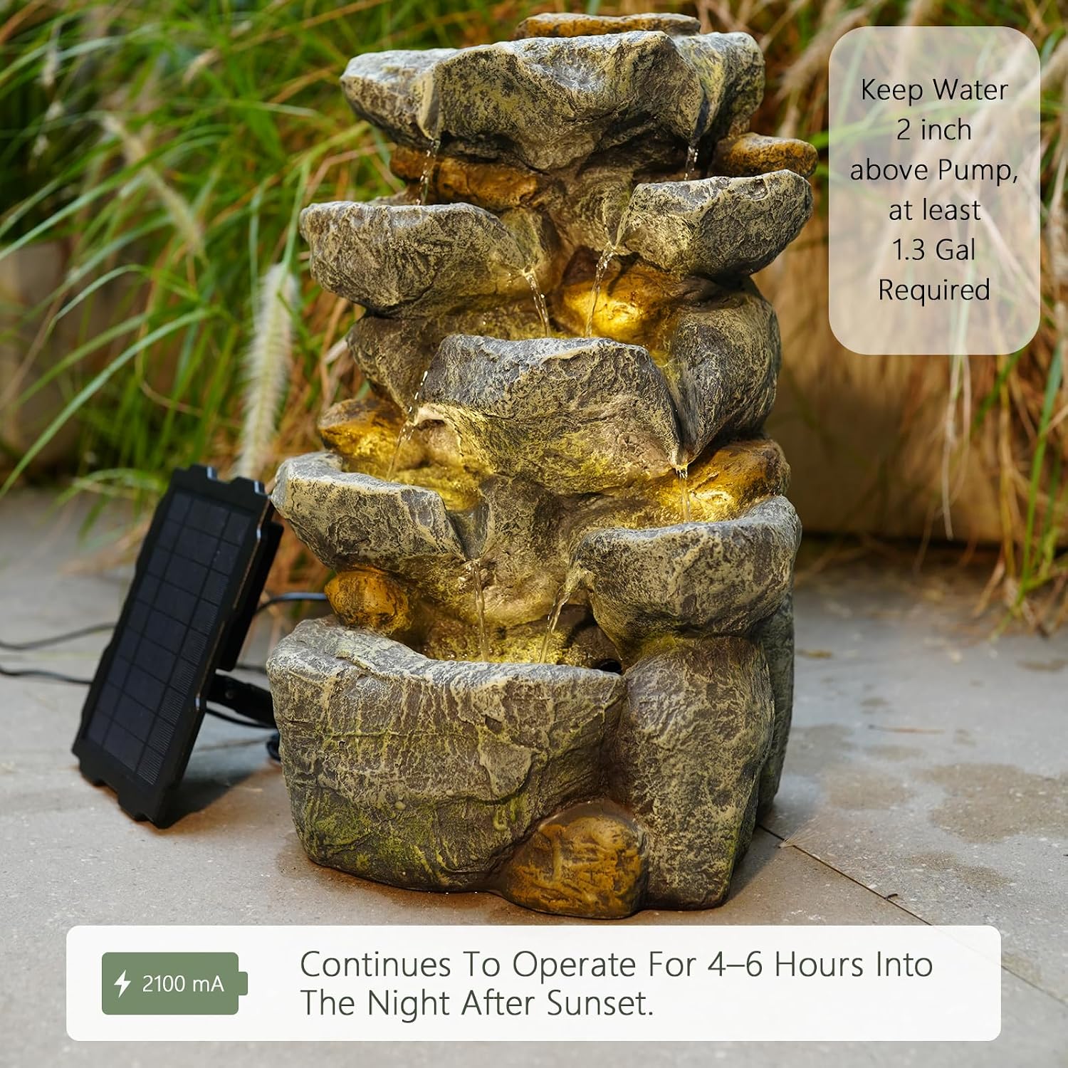 Solar Water Fountain Outdoor Garden, 19.3 Inch Cascading Stone Design 5 Tier Rock Feature Outdoor Fountains Waterfalls with Light, Pump Solar Panel for Patio, Deck, Porch, Backyard Home Décor