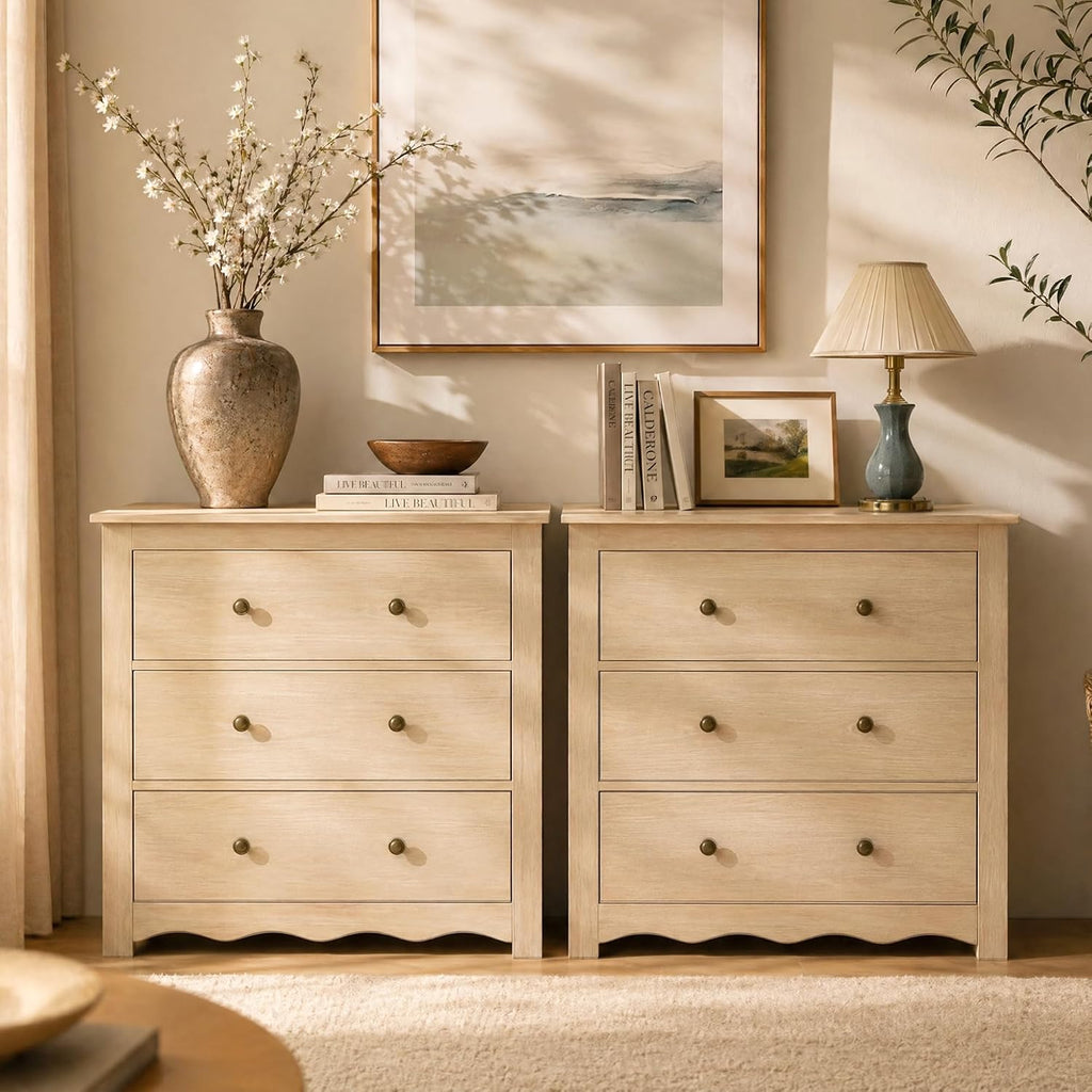 Oversized Dresser for Bedroom with 6 Drawers, Mid Century Modern Wooden Dresser Chest of Drawers with Handles, 3 Drawer Nightstand Set of 2, Storage Organizer for Bedroom, Living Room, Wood