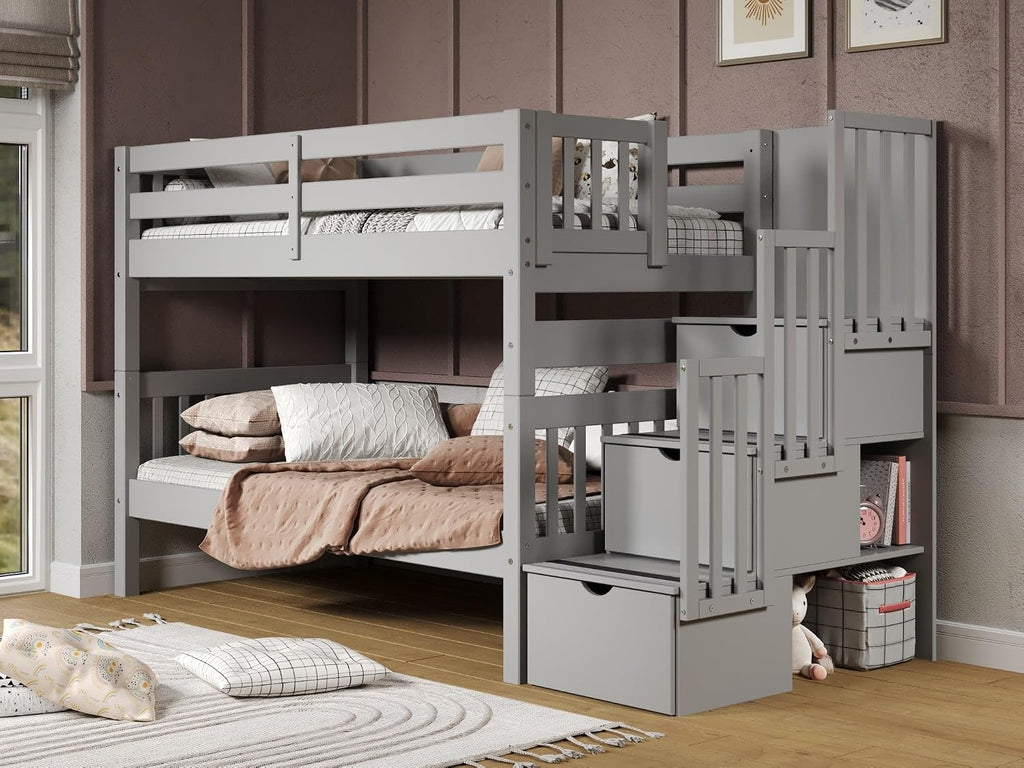 Bedz King Stairway Bunk Beds Twin Over Twin, 3 Step Drawers, Gray