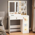 Wodeer Small Makeup Vanity Desk with Mirror and Lights, Vanity with Glass Cabinet, LED Lights & Power Outlet, Drawer & RGB Glass Cabinets, Adjustable Lighted Dressing Table for Women & Girls Bedroom