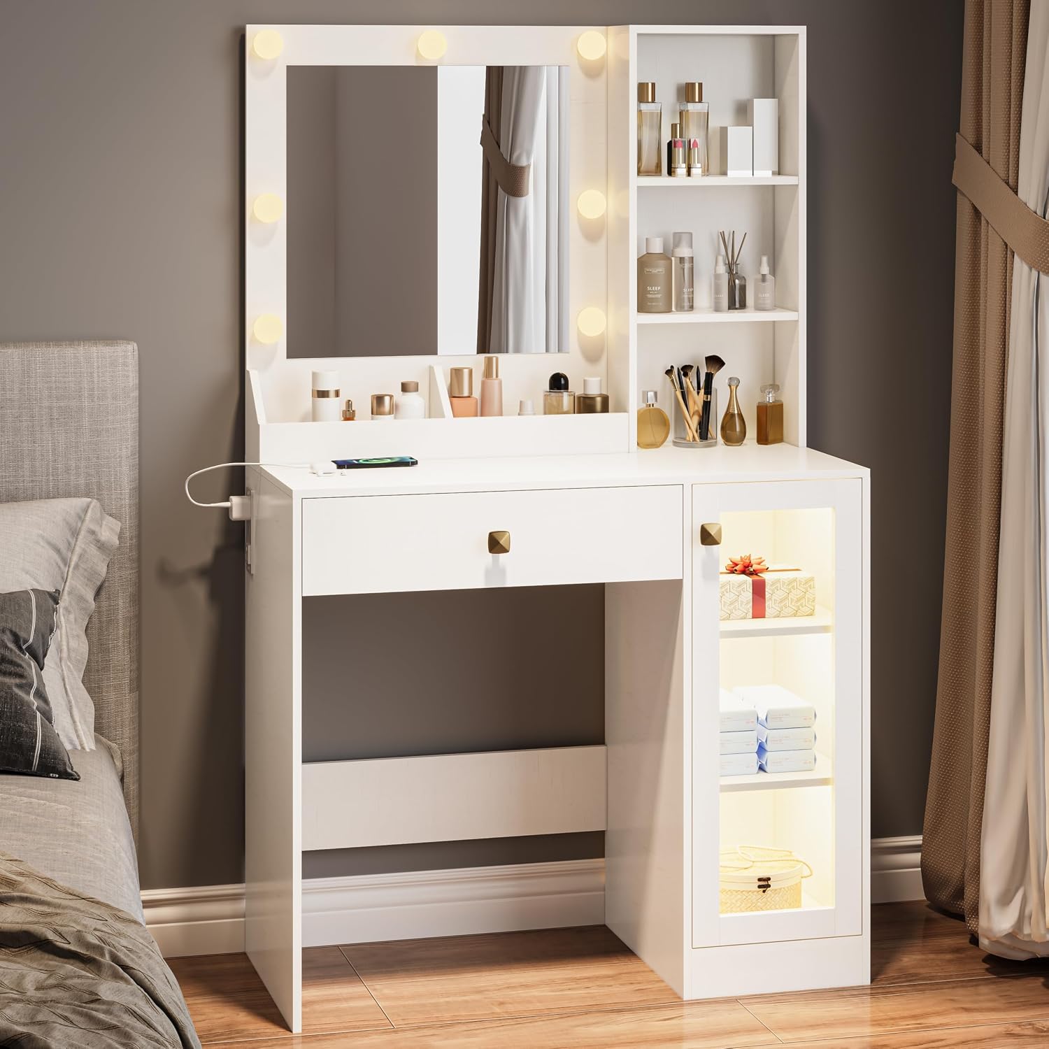 Wodeer Small Makeup Vanity Desk with Mirror and Lights, Vanity with Glass Cabinet, LED Lights & Power Outlet, Drawer & RGB Glass Cabinets, Adjustable Lighted Dressing Table for Women & Girls Bedroom