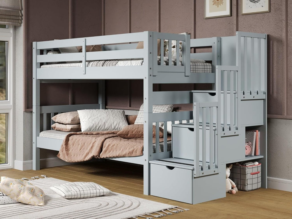 Bedz King Stairway Bunk Beds Twin Over Twin, 3 Step Drawers, Breezy Blue