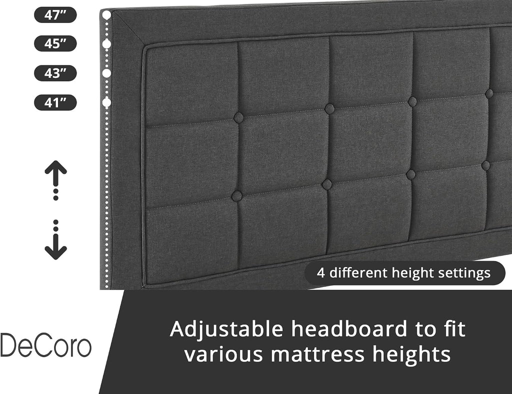 Decoro Mornington Upholstered 2.0 Platform Bed, Button-Tufted Fabric Headboard and Metal Frame with Wood Slat Support, Dark Grey, Full