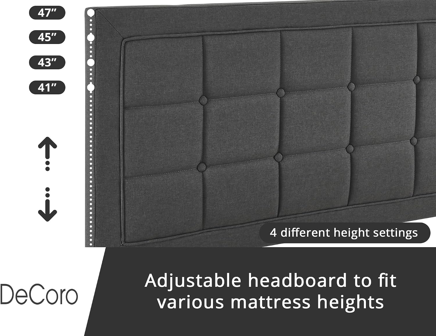 Decoro Mornington Upholstered 2.0 Platform Bed, Button-Tufted Fabric Headboard and Metal Frame with Wood Slat Support, Dark Grey, Full