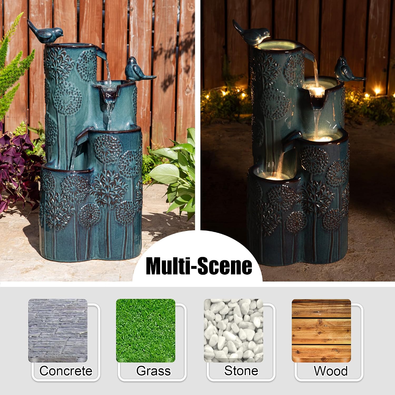 Glitzhome 27' H Outdoor Water Fountain with LED Light, Pump & Adapter, 4-Tier Turquoise Dandelion Vase Ceramic Cascading Garden Fountains Waterfalls with Birds, for Porch Deck Patio Backyard