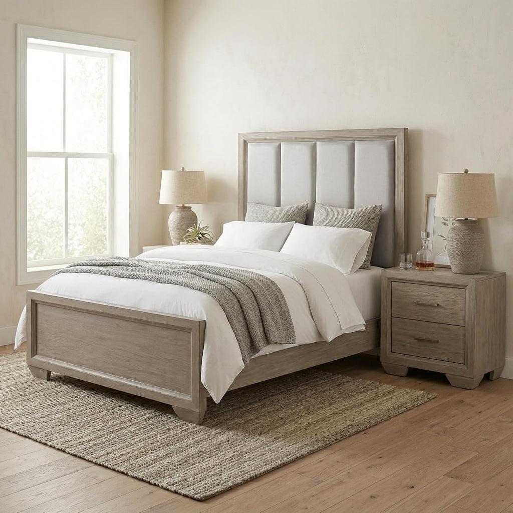 Roundhill Furniture Ennesley Gray Wood Upholstered Panel Bed, Full Size