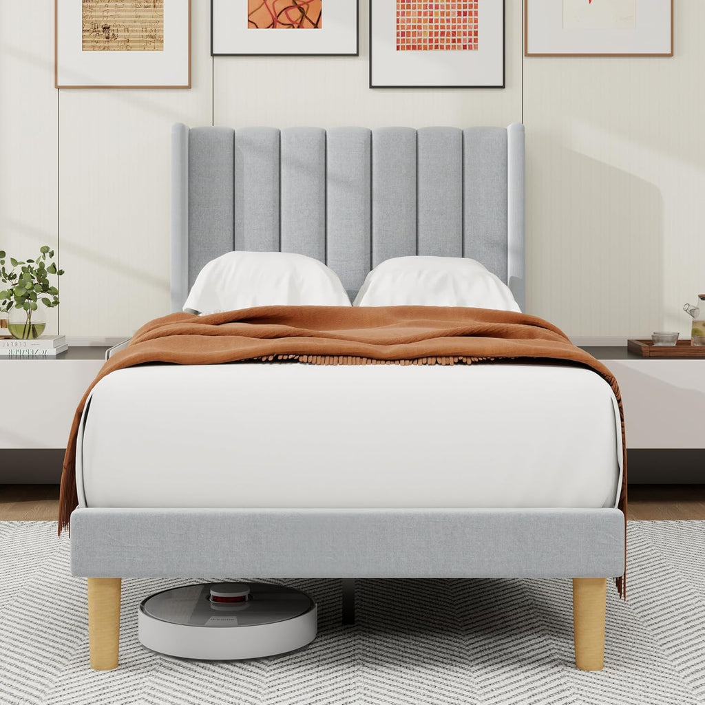 alazyhome Platform Bed Frame Twin Size with Upholstered Headboard, Solid Wood Slats Support, No Box Spring Needed, Noise Free, Easy Assembly, Modern Fabric Bed, Light Grey