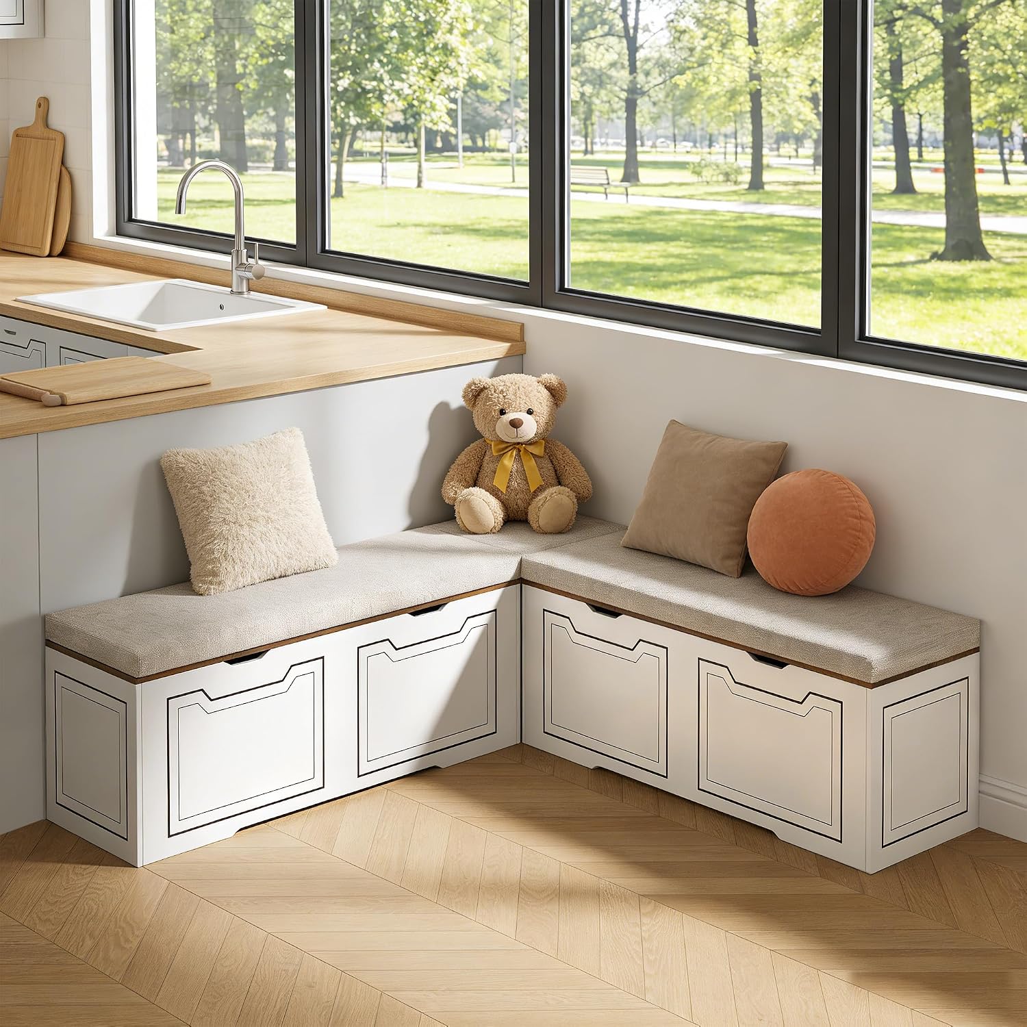 L Shaped Corner Bench with Storage, Breakfast Nook Bench, 63' L-Shaped Kitchen Nook Seating, Hidden Flip-Top Storage Compartments for Entryway, Dining Room, Hallway, Cloakroom, w/Grey Cushion