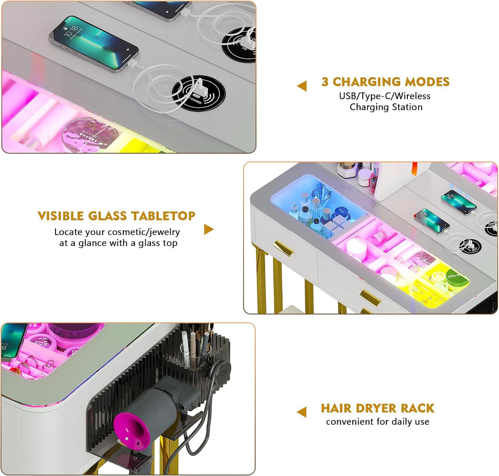Lvifur RGB Makeup Vanity Desk with Wireless Charging Station,7 Dynamic and 7 Static Dimmable Vanity Table with Visible Glass Top,Auto Sensor Make up Vanity with Mirror and Lights,Stool (White & Gold)