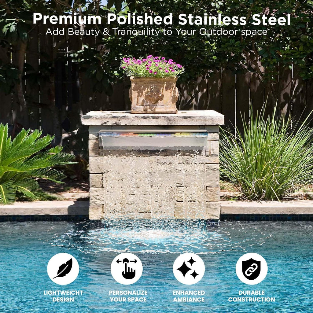 Pool Fountain Stainless Steel Waterfall with LED Lights - 47.2' LED Strip Remote Control with 18 Colors, Smooth Water Flow & Cascade Blade, Easy Installation for Outdoor, Garden, Patio & Ponds