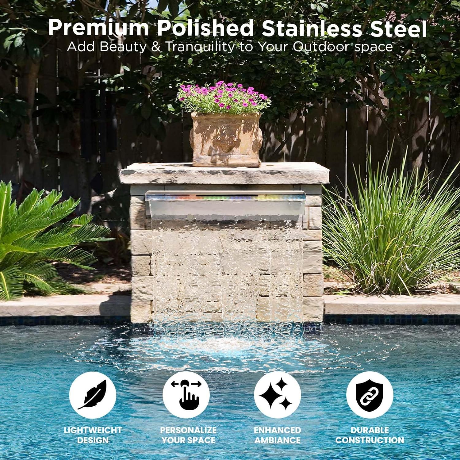 Pool Fountain Stainless Steel Waterfall with LED Lights - 47.2' LED Strip Remote Control with 18 Colors, Smooth Water Flow & Cascade Blade, Easy Installation for Outdoor, Garden, Patio & Ponds