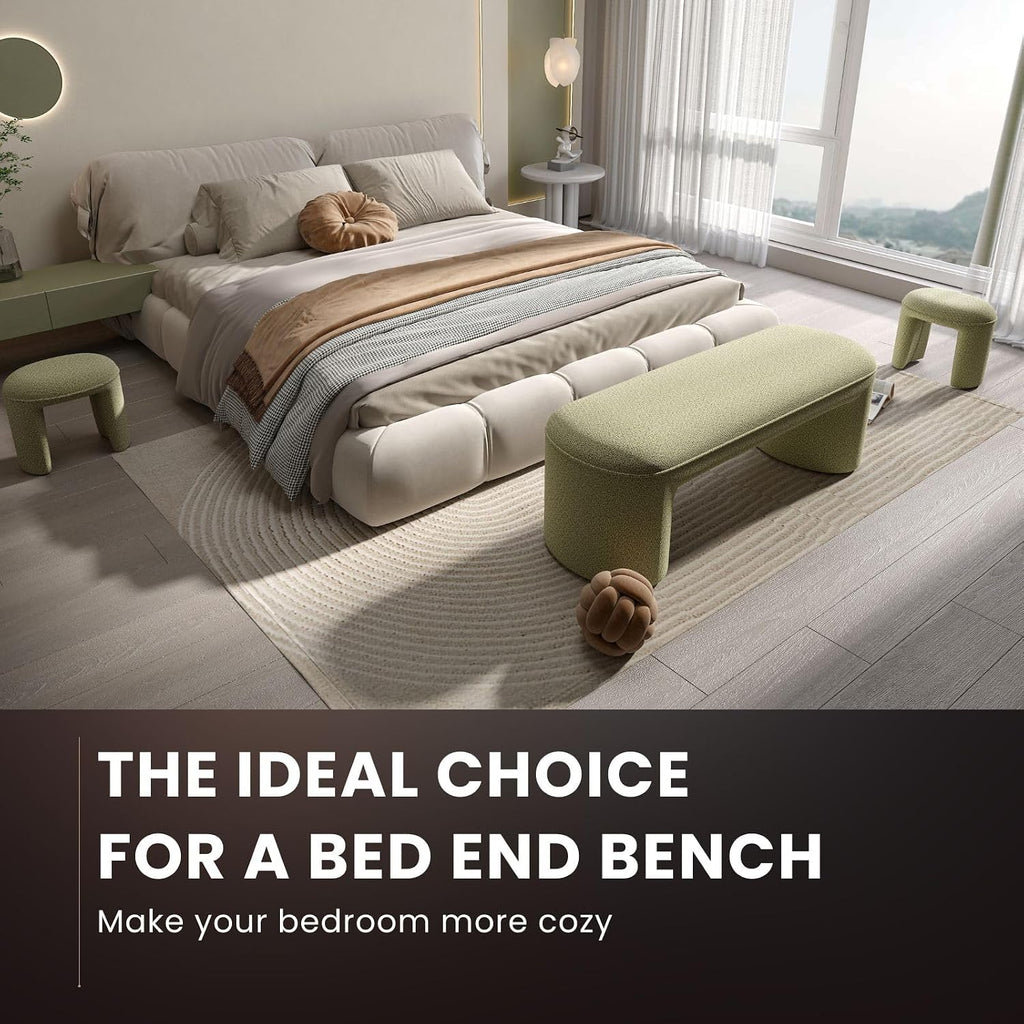 3-Piece Nesting Ottoman Bench Set，53' Long Upholstered End of Bed Bench with 2 15' Foot Stools Chenille Modern Arched Bench Comfy Entry Bench Vanity Stools for Living Room Bedroom, Green