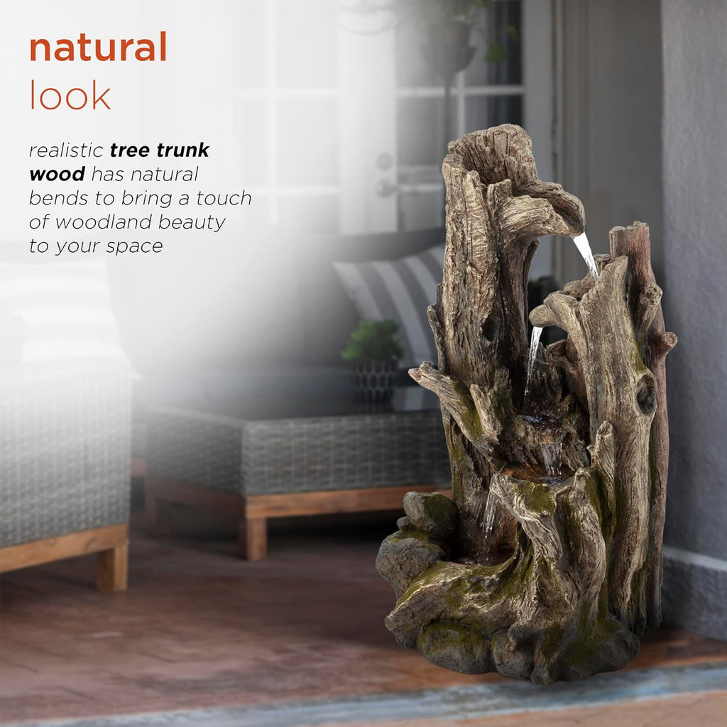 Alpine Corporation 40' Tall 4-Tier Rainforest Tree Trunk Waterfall Fountain with LED Lights, Outdoor Garden, Patio, Yard, and Porch Water Feature Decor