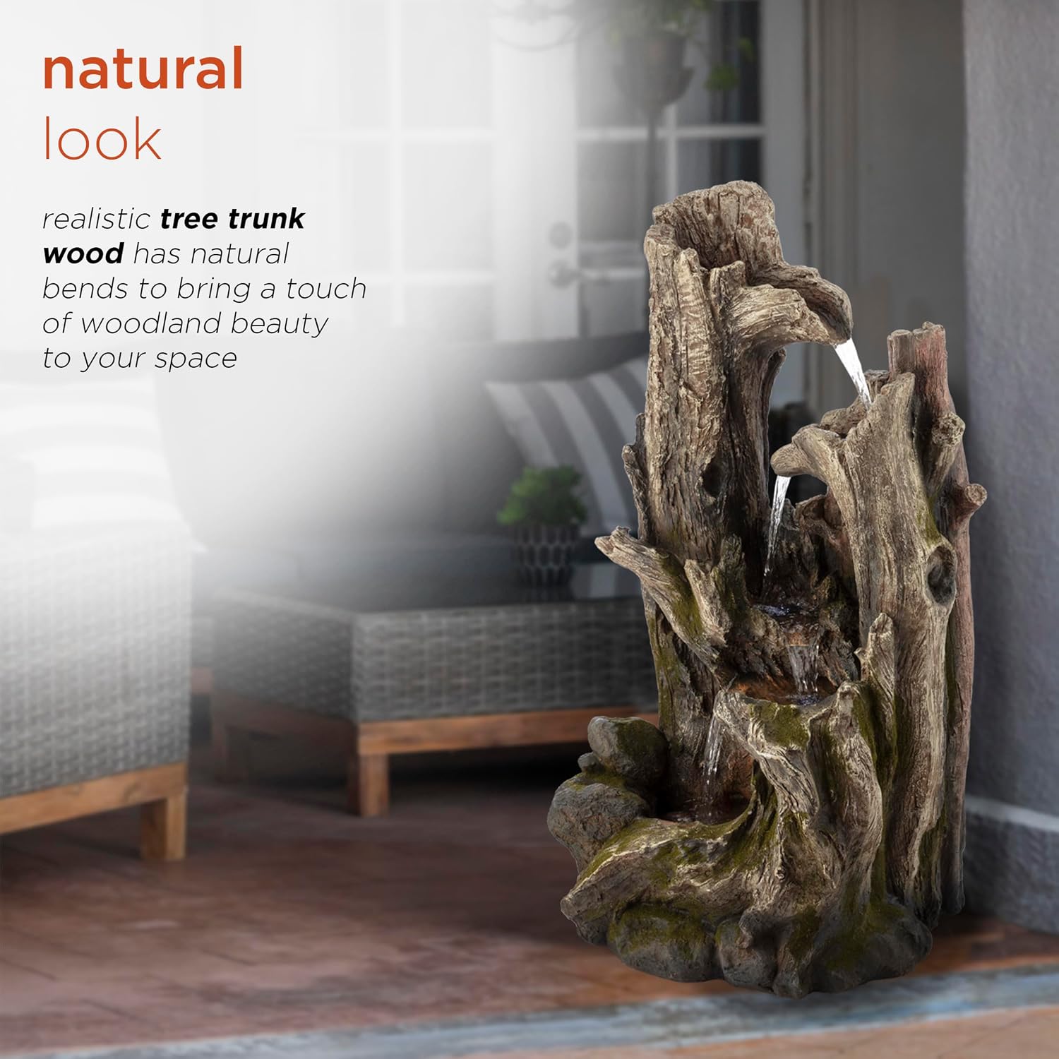 Alpine Corporation 40' Tall 4-Tier Rainforest Tree Trunk Waterfall Fountain with LED Lights, Outdoor Garden, Patio, Yard, and Porch Water Feature Decor