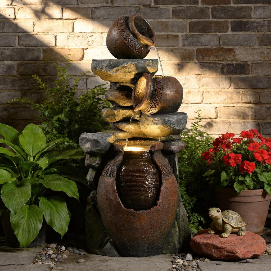 Rustic Jar Outdoor Water Fountain with Planter 38.5' Large Tiered Waterfall with Warm LED Lights, Handcrafted Resin Fountain for Zen Garden, Deck & Indoor Home Decor