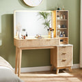T4TREAM 48' Fluted Makeup Vanity Desk with Large 36' Mirror and Lights, Modern Glass Top Big Vanity Table with 5 Drawers & Adjustable Shelves, Dressing Table Set w/Charging Station for Bedroom, Oak