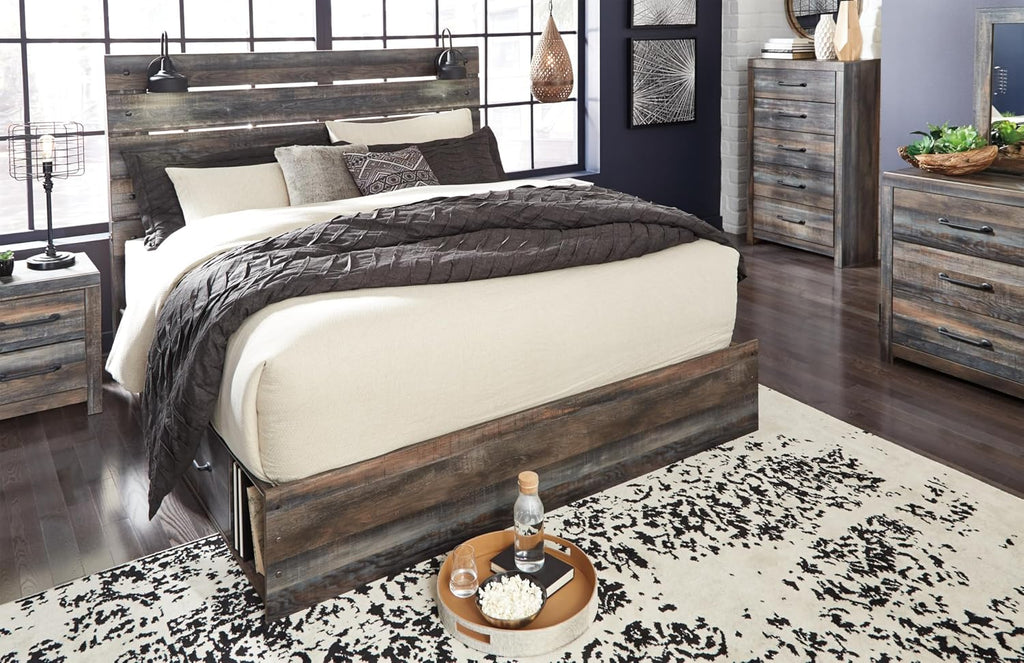 Signature Design by Ashley Drystan Rustic King Panel Platform Bed with 4 Storage Drawers, Open Cubbies, Sconce LED Lights and USB Ports, Foundation or Box Spring Not Needed, Dark Brown & Gray