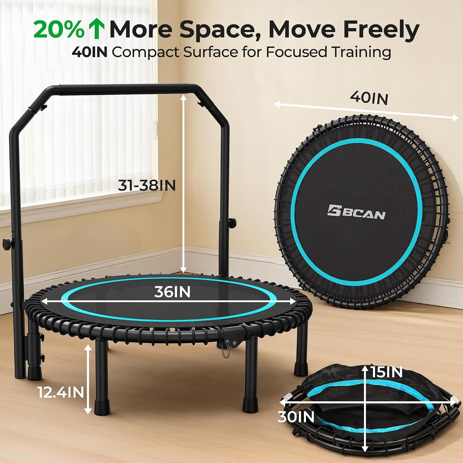 BCAN BT2 450/550LBS Mini Rebounder Trampoline for Adults with Bar, Fitness Trampoline with Bungees, Adjustable Handle, Stable & Quiet, Indoor Outdoor, Whole-Body Workout & Relaxation at Home-40IN/48IN