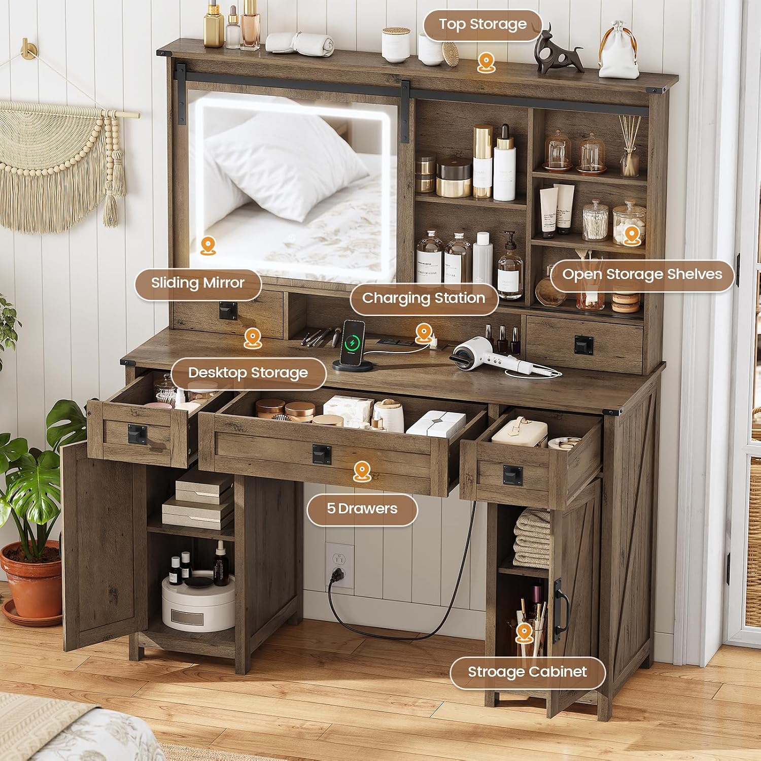 AOGLLATI Farmhouse Makeup Vanity Desk with Lights & Charging Station,Vanity Desk with Mirror and Lights, 47.2' Large Brown Vanity Table with Ample Storage Space and Sliding Mirror (Oak Brown)