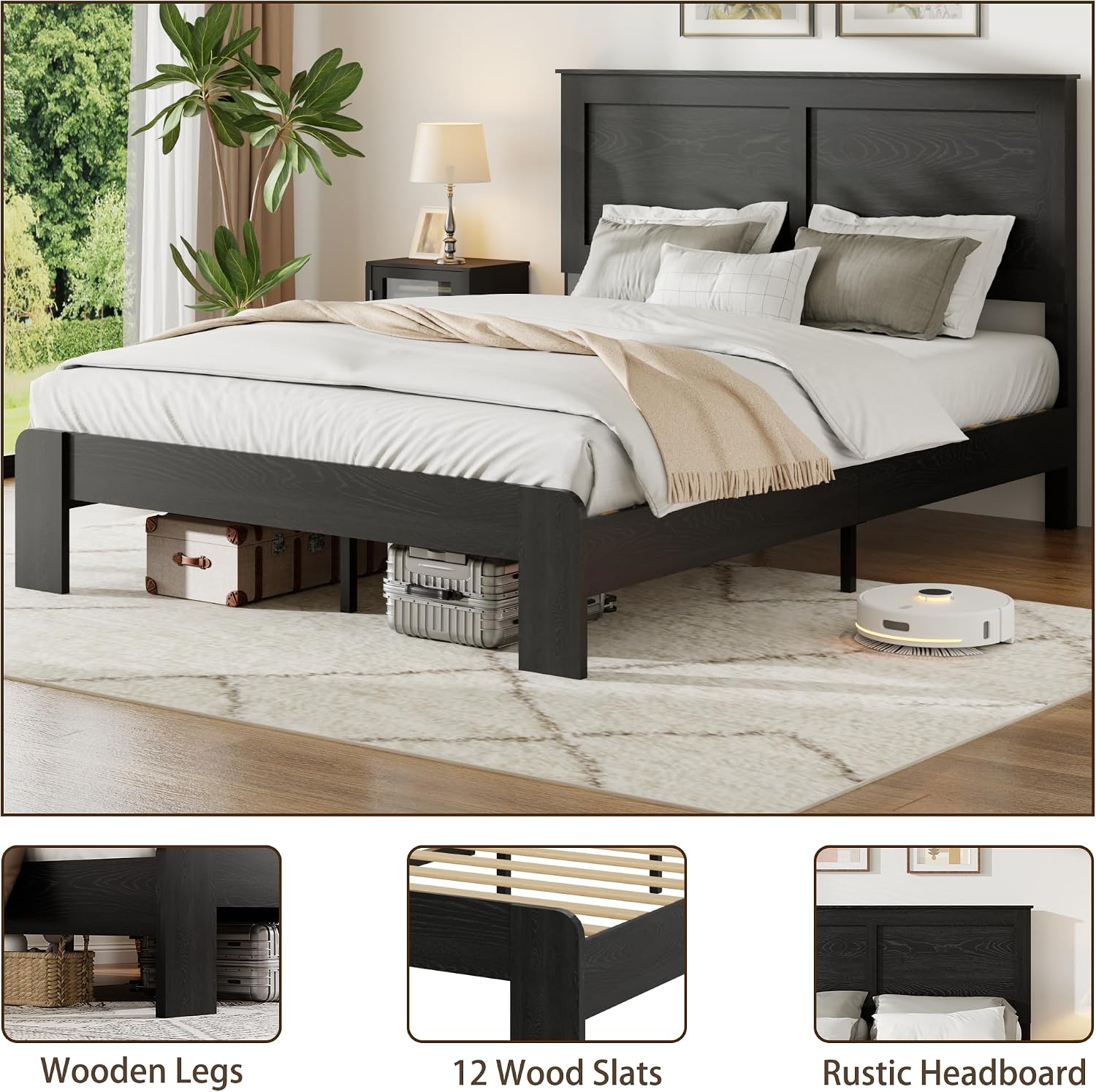 QNICE Wooden Bed Frame Full Size with Headboard - Farmhouse Platform Bed Frame, Wood Slat Support, No Box Spring Needed & Easy Assembly with Large Under Bed Storage (Rustic Black)