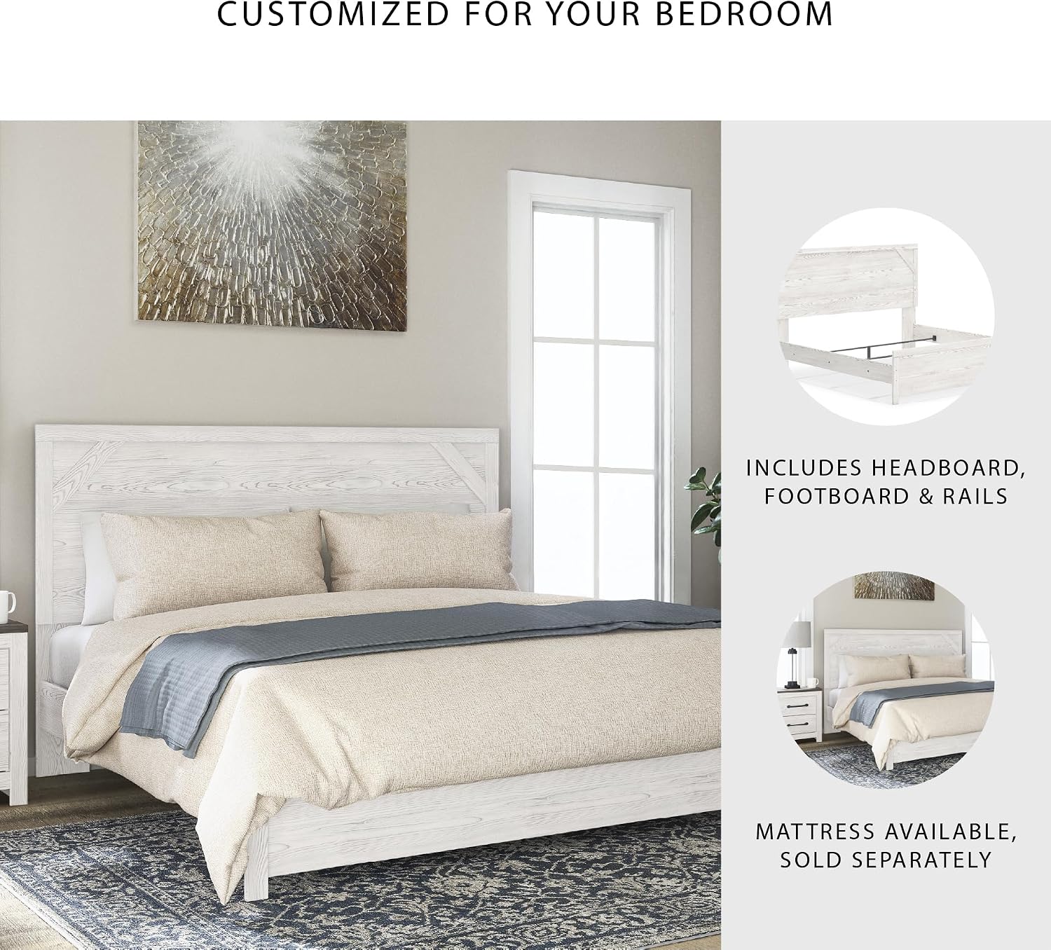 Signature Design by Ashley Gerridan Vintage King Panel Bed with Metal Slats, Foundation or Box Spring Needed, White
