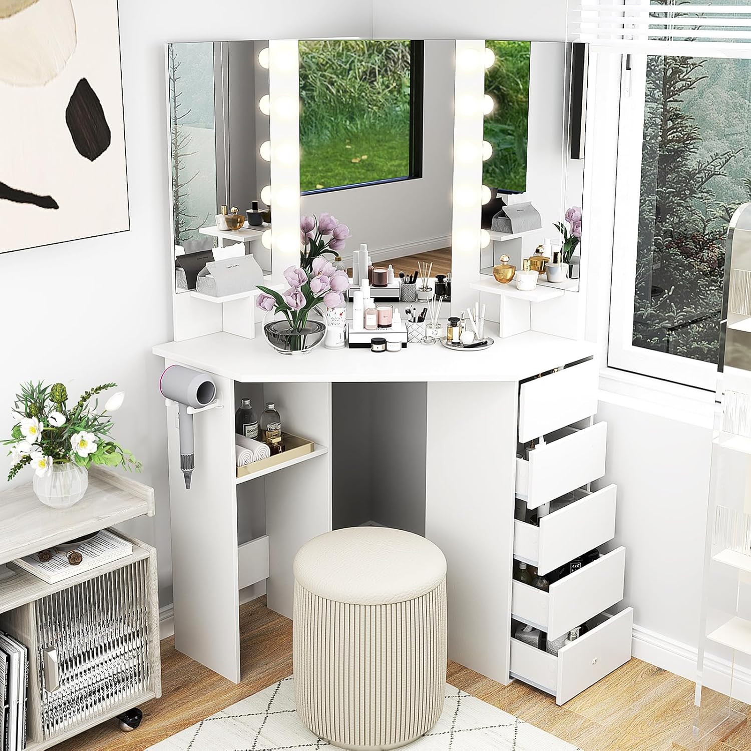 GOFLAME Corner Vanity with Mirror and Lights, Compact Vanity Table with Charging Station, 3 Lighting Modes, 5 Drawers, Dressing Table, Modern Makeup Vanity Desk with Triple Mirror for Bedroom (White)