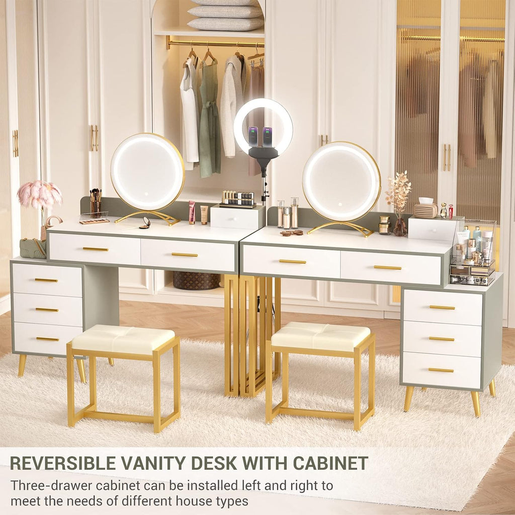 Armocity Vanity Desk with Mirror and Lights, Makeup Vanity Table Set with 6 Storage Drawers, Stool and Divided Organizers, Dressing Table with 3 Color Lighting Options for Women Girls, White and Cyan