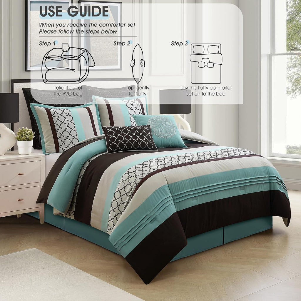 LANCO MODERN LIFESTYLE King Comforter Set, Aqua Brown Bedding Set, Jacquard Woven with Embroidery, 8 Pieces Bed in a Bag, Bed Skirt, Shams and Decorative Pillows