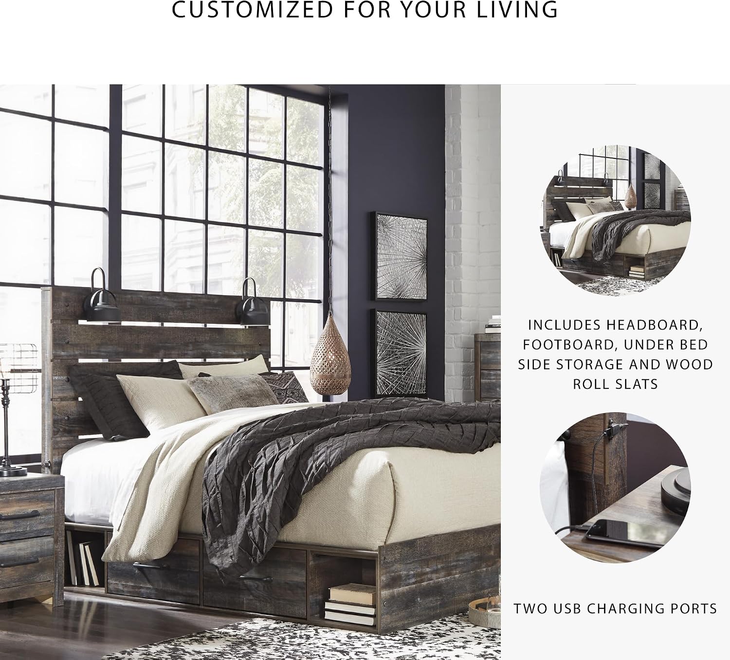 Signature Design by Ashley Drystan Rustic King Panel Platform Bed with 4 Storage Drawers, Open Cubbies, Sconce LED Lights and USB Ports, Foundation or Box Spring Not Needed, Dark Brown & Gray