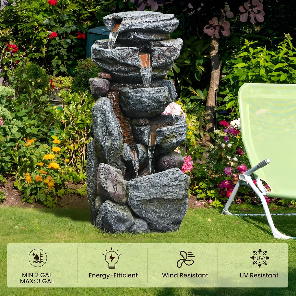 The 5-Tiered Rock Water Fountain Outdoor&Indoor, 31.5''H Floor-Standing Garden Fountains, Stone Feature and Waterfall with Lights for Patio, Backyard, Deck, Porch, Home DéCor, Gray