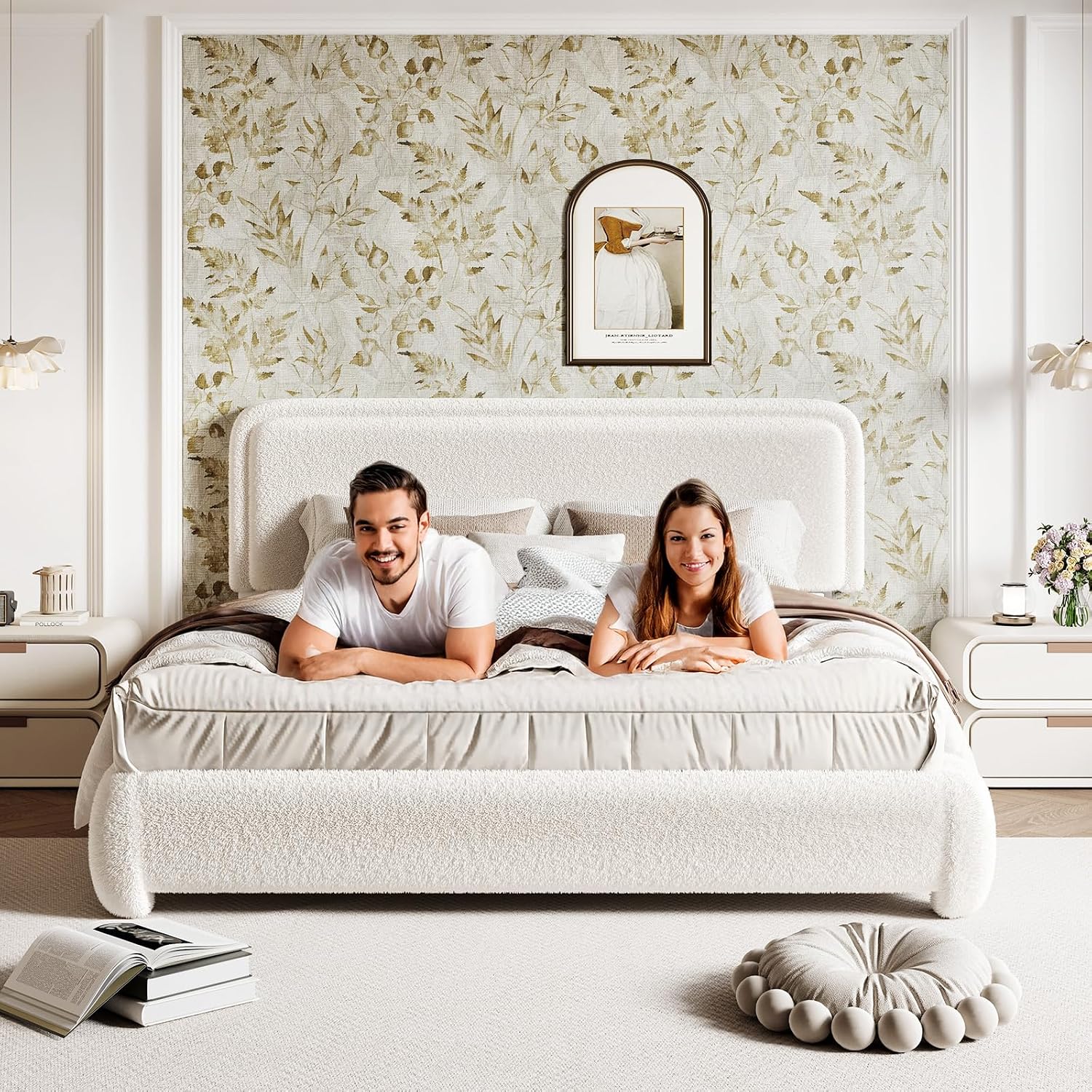 Kelway Upholstered Bed Frame Queen Size Modern Soft Boucle Bed Frame with Adjustable Heandboard, No Box Spring Needed, Easy Assembly (Beige, Queen)