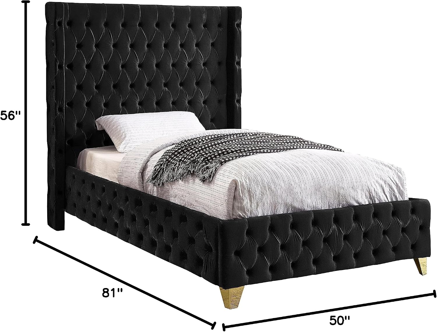 Meridian Furniture SavanBlack-T Savan Collection Modern | Contemporary Velvet Upholstered Bed with Deep Button Tufting in Gold or Chrome Finish, 50' W x 81' D x 56' H, Black, Twin