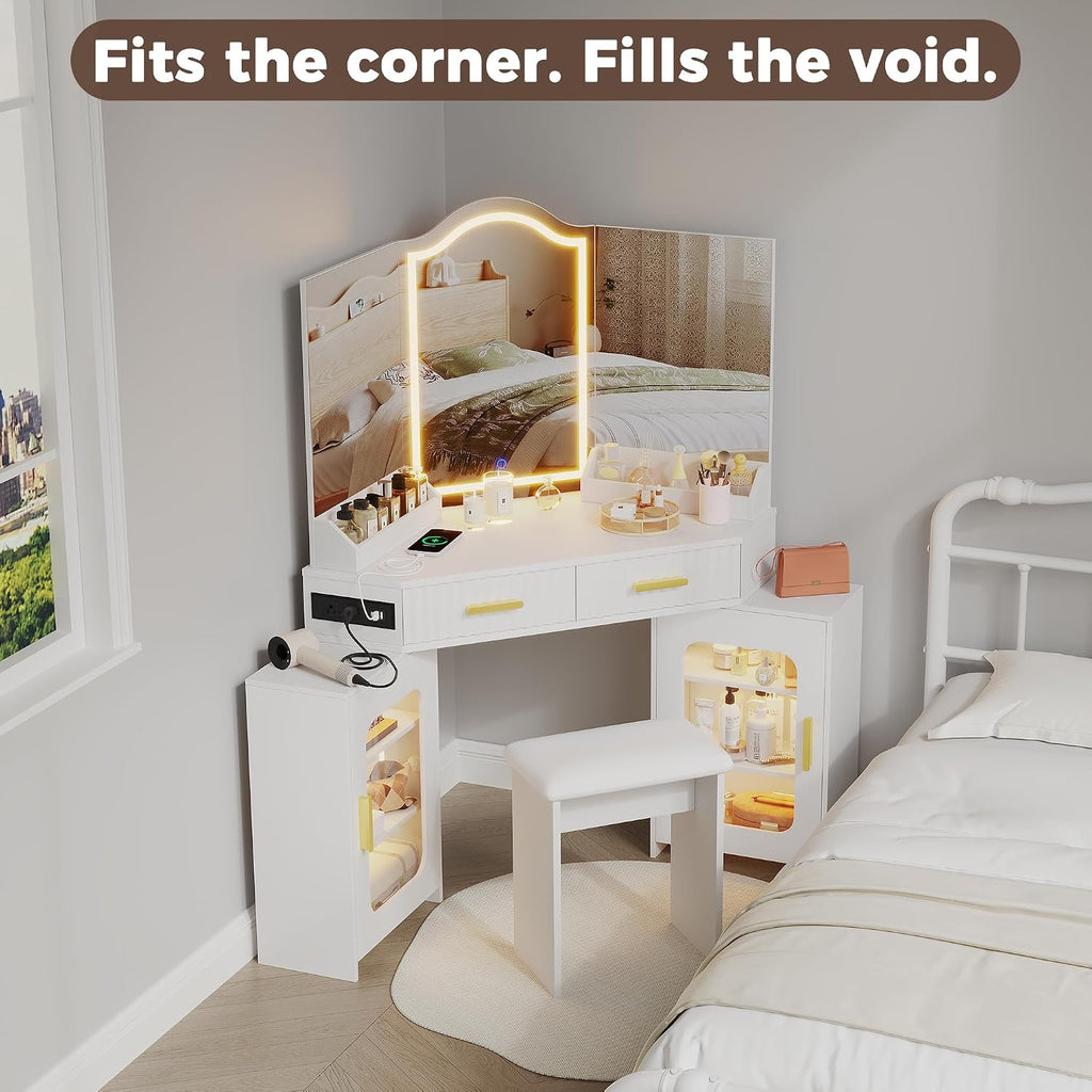 Corner Vanity Desk with 3 Way Mirror and Lights, 54' Modern Makeup Table Set with 2 Drawers & 2 Storage Cabinets, Charging Station, Stool, Large Bedroom Hexagonal Dressing Table (Matte White)