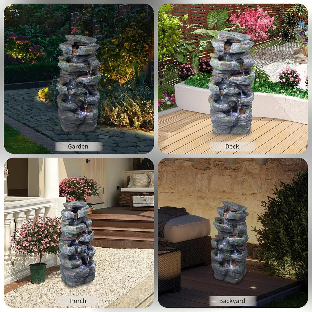 Outdoor Rock Waterfall Fountain with LED Lights, Multi-Tier Stacked Stone Style, Garden Patio Decor