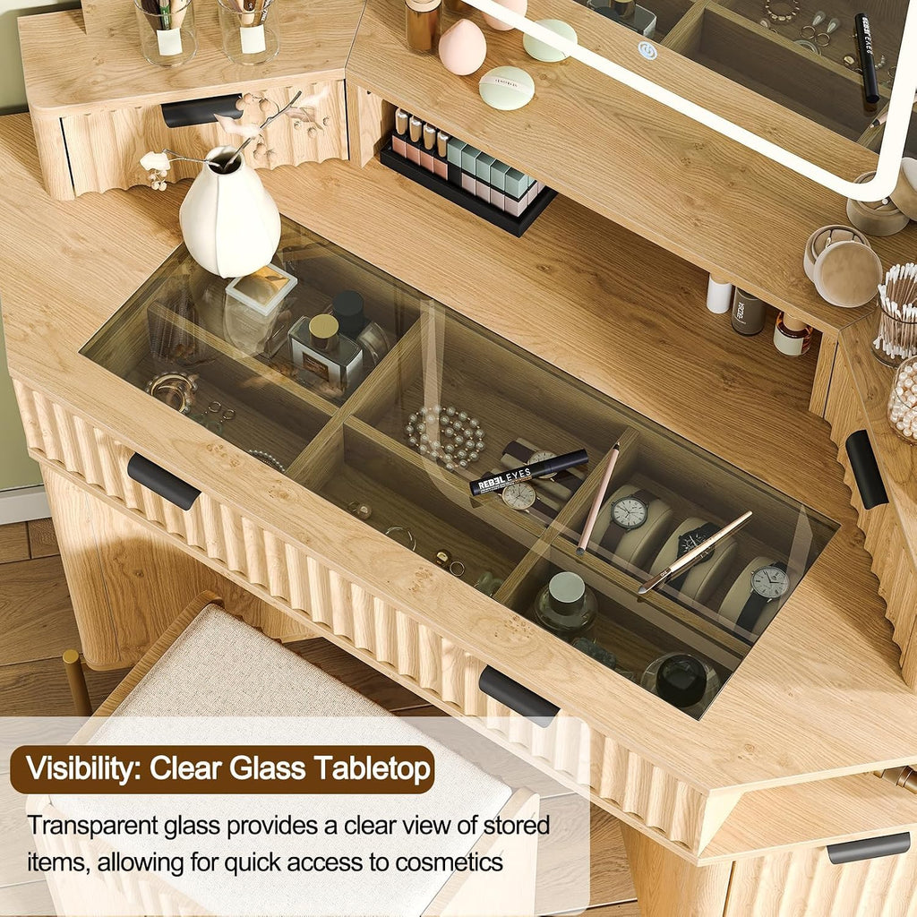 Modern 48'' Fluted Makeup Vanity Desk with HD Triple Mirror & LED Lights – Spacious Corner Dressing Table with Glass Top, 3 Drawers & 2 Cabinets for Stylish Bedroom Decor (Oak)