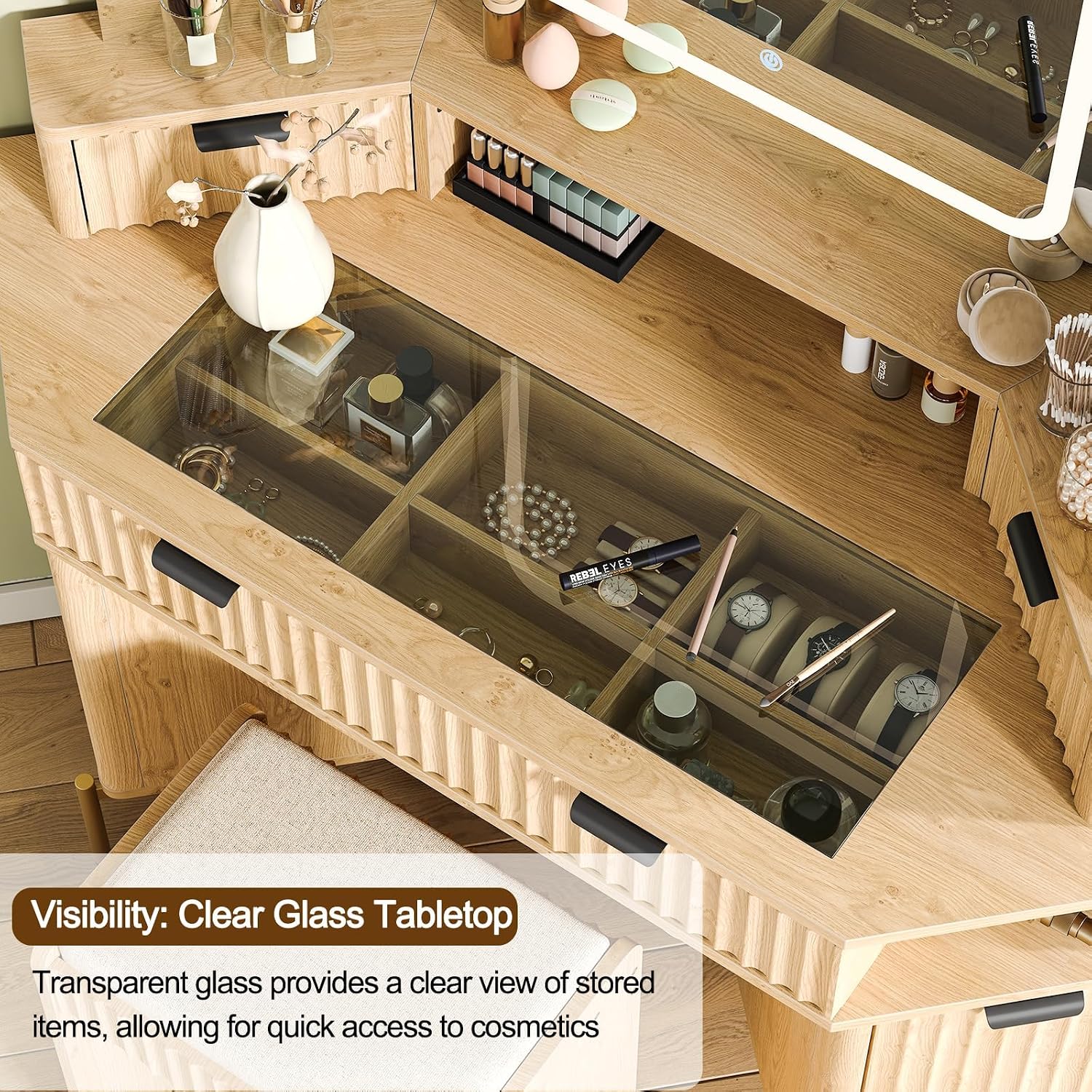 Modern 48'' Fluted Makeup Vanity Desk with HD Triple Mirror & LED Lights – Spacious Corner Dressing Table with Glass Top, 3 Drawers & 2 Cabinets for Stylish Bedroom Decor (Oak)