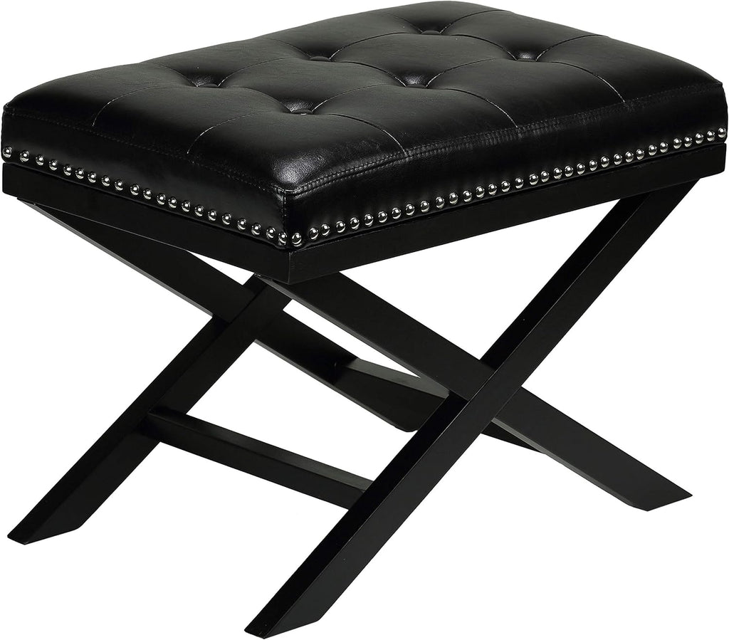 Cortesi Home Kayla Traditional 'X' Bench Vinyl Ottoman with Nailhead Trim Finish, Black