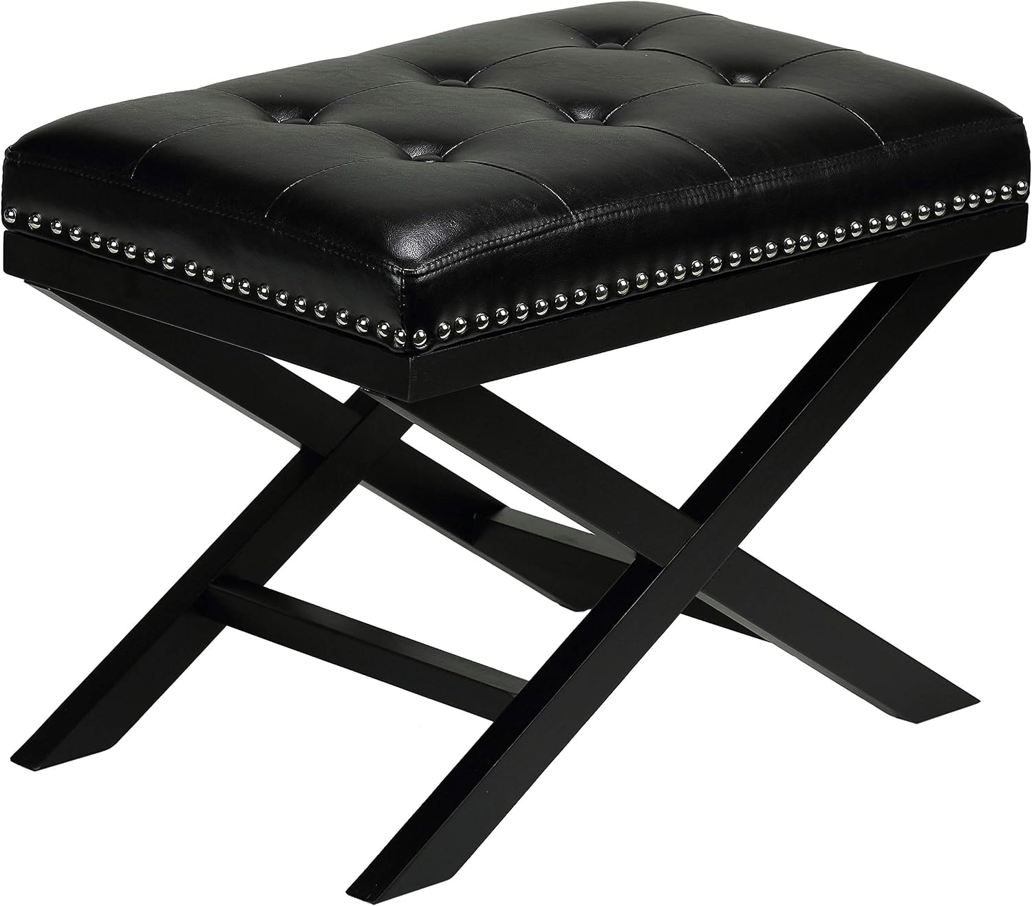 Cortesi Home Kayla Traditional 'X' Bench Vinyl Ottoman with Nailhead Trim Finish, Black